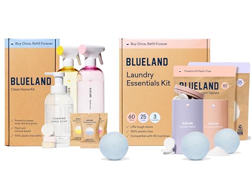 BLUELAND Kit Duo | Clean Home Kit (3 Reusable Bottles + 3 Tablet Refills) | Laundry Essentials Kit, Plastic-Free Laundry Detergent Tablets, Oxi Booster and Reuseable Natural Wool Dryer Balls For Dryer