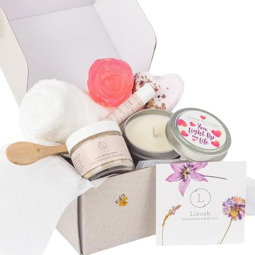 Spa Gift Basket | Lavender Facial Mask, Heart Bath Bomb, Candle, Lip Balm, Soap Bar, Face Towel