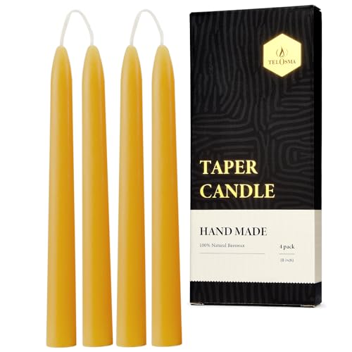 Taper Candles | 8 Inch, 4 Pack, 100% Pure Beeswax, Dripless, Yellow