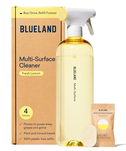 BLUELAND Multi-surface All Purpose Cleaning Spray Bottle with 4 Refill Tablets | Eco Friendly Products & Cleaning Supplies - Fresh Lemon Scent | Makes 4 x 24 Fl oz Bottles (96 Fl oz total)