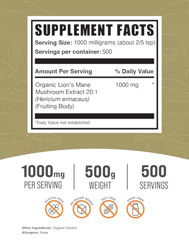 Mushroom Supplement | Organic Lion's Mane Extract Powder, 500g (1.1 lbs)