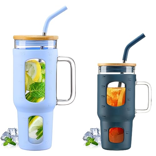 Glass Tumbler Set | 46 oz & 24 oz, with Lid and Straw