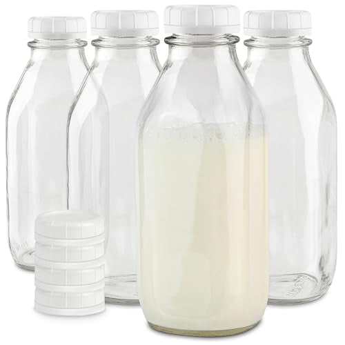 Glass Milk Bottle | 32 Oz, 4 Pack, Reusable with Lids