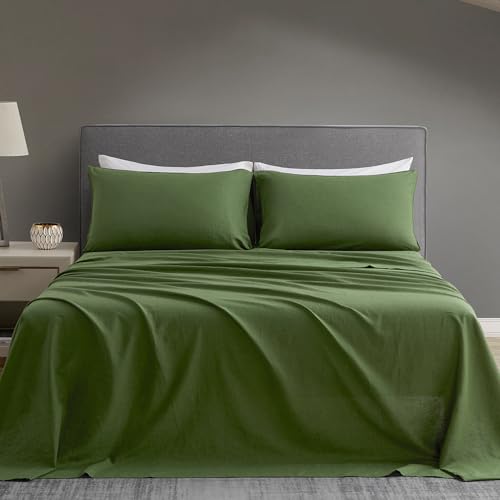 Linen Sheet Set | Solid Color, Hypoallergenic, 4 Pieces, Olive Green, Queen