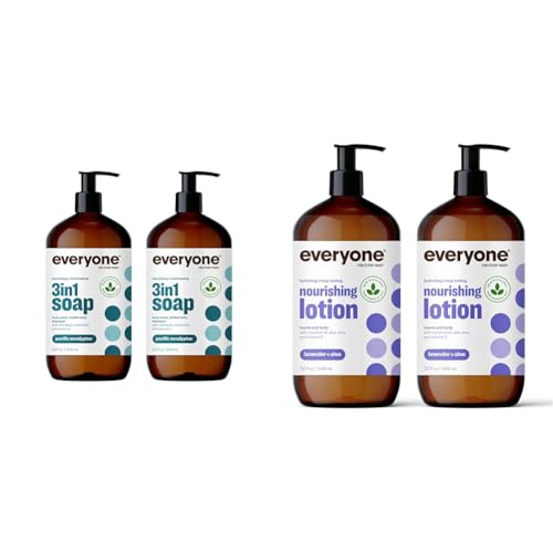 Everyone 3-in-1 Soap, Body Wash, Bubble Bath, Shampoo, 32 Ounce (Pack of 2), Pacific Eucalyptus & Nourishing Hand and Body Lotion, 32 Ounce (Pack of 2), Lavender and Aloe