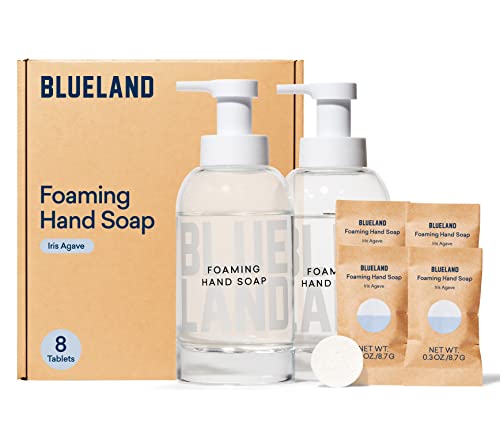 BLUELAND Hand Soap Duo - 2 Refillable Glass Foaming Hand Soap Dispensers + 8 Tablet Refills | Iris Agave Scent | Makes 8 x 9 Fl oz bottles (72 Fl oz total)