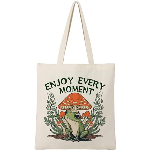 Tote Bag | Big Frog Mushroom Pattern, Zipper Closure, Reusable, Aesthetic Design