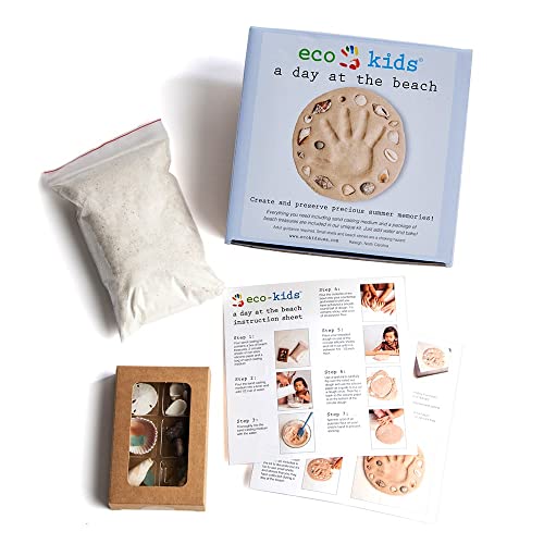 eco-kids Handprint & Footprint Kit - “A Day At The Beach” Keepsake – includes Sand Casting Medium & Beach Shells – DIY, Add Water & Bake – Safe & Non Toxic – Newborn, Baby, Mother’s Day, Shower Gift