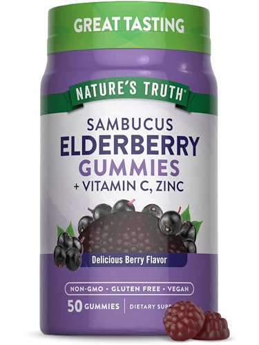 Elderberry Gummies | 50 Count, Vegan, with Vitamin C and Zinc, Berry Flavor