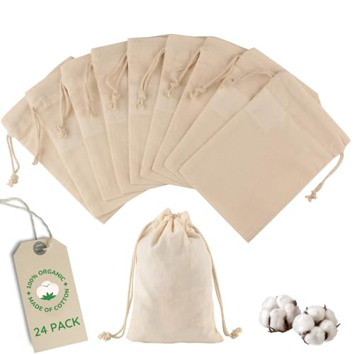 Muslin Bags | Organic Cotton, 4x6 Inch, 24 Pack, Drawstring Closure