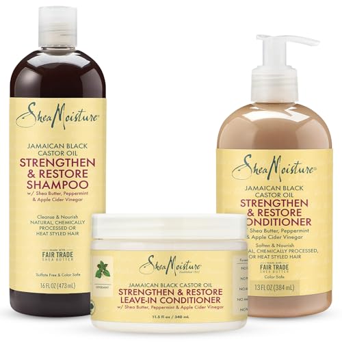 SheaMoisture Curly Hair Product Bundle Shampoo 16 Fl Oz, Conditioner 13 Fl Oz, Leave in Conditioner 11.5 Oz, Jamaican Black Castor Oil for Healthy Hair Growth, Strengthen & Restore, Sulfate Free