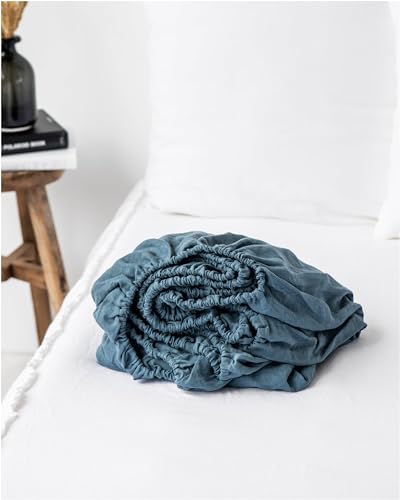 Fitted Sheet | Gray Blue Gingham, Twin XL Size, 100% Flax Linen, Breathable and Cooling