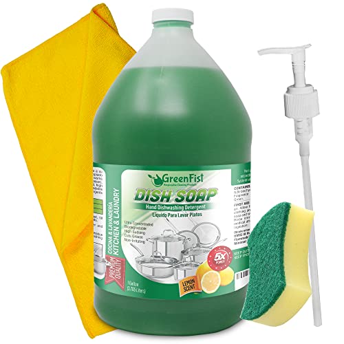 Dish Soap | Light or Heavy Use, 128 fl oz (1 Gallon) with Sponge, Pump & Microfiber Towel