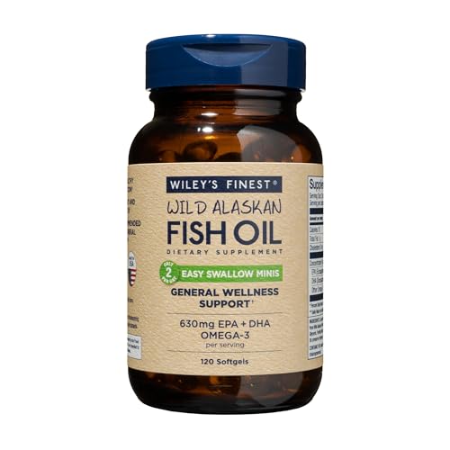 Wiley's Finest Wild Alaskan Fish Oil Easy Swallow Minis - Omega-3 Fish Oil Supplement for Adults and Kids - Double-Strength 630mg EPA and DHA Natural Supplement - 120 Mini Softgels (60 Servings)