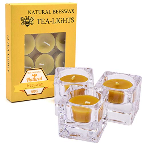 Tealight Candles | 12 pcs Natural Beeswax, Includes 4 Clear Glass Holders