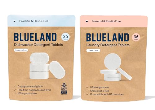 BLUELAND Dishwasher & Laundry Detergent Sample Set | Dishwasher Tablet Refill 60 Counts | Laundry Detergent Tablet Refill 36 Counts | Plastic-Free & Natural Alternative to Liquid Pods or Sheets