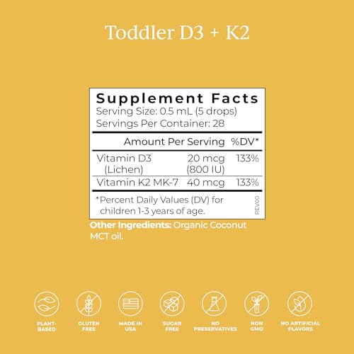 Vitamin D3 K2 Drops | Liquid Supplement for Toddlers, 0.5 oz, Immune Support, Brain Health