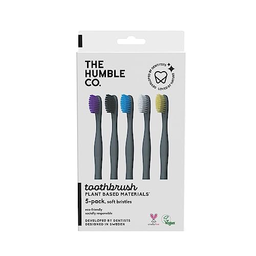 The Humble Co. Plant Based Black Toothbrush (5pk) – Vegan, Soft Toothbrush Set with BPA Free Bristles, Best Toothbrush for Superior Oral Care and Superb Teeth Cleaning (5 Brushes)