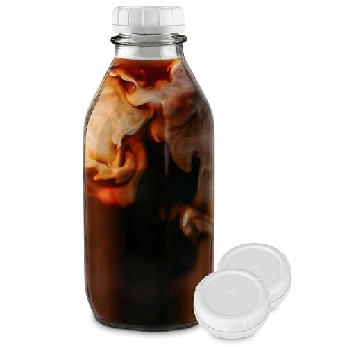 Glass Milk Bottle | 32 Oz, Reusable, Includes Lid and 3 Caps