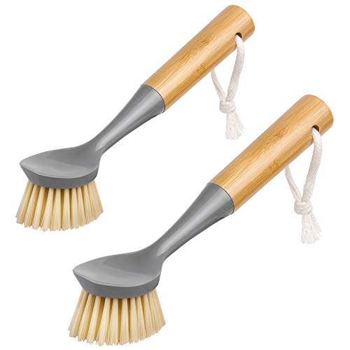 Dish Brush | Bamboo Handle, Built-in Scraper, Pack of 2