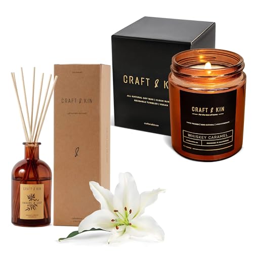 Candle & Reed Diffuser Bundle | Whiskey Caramel Scent, Rustic Home Decor