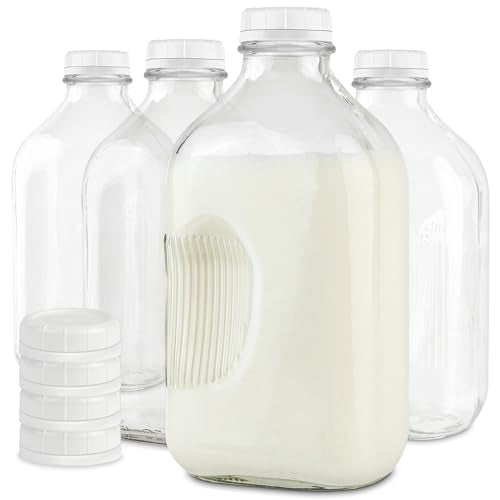 Glass Milk Bottle | 64 Oz, 4 Pack, Reusable with Lids