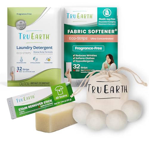 Tru Earth Platinum Laundry Essentials Bundle - Laundry Detergent Bundles Set with Fabric Softener, Laundry Sheets, Stain Remover Stick and Dryer Balls - Fragrance Free