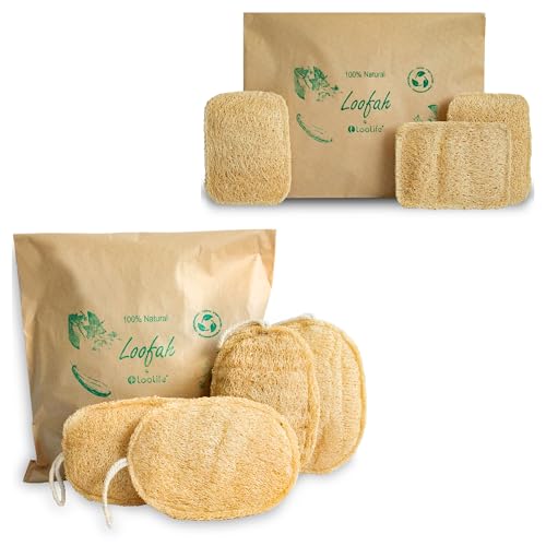 Loofah Sponge Set | Exfoliating Body Scrubber, Biodegradable, 4 Pack & Kitchen Sponge, 3 Pack