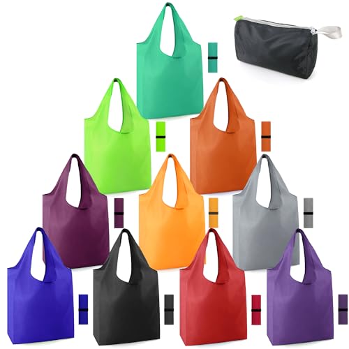 Reusable Grocery Bags | Colorful 10 Pack, Extra Large, Lightweight Polyester, Zipper Pouch