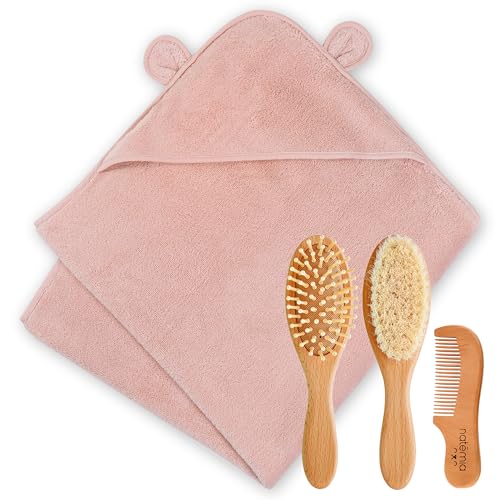 Baby Hair Brush and Comb Set | Organic Hooded Bath Towel, Ultra Soft Cotton, Blush