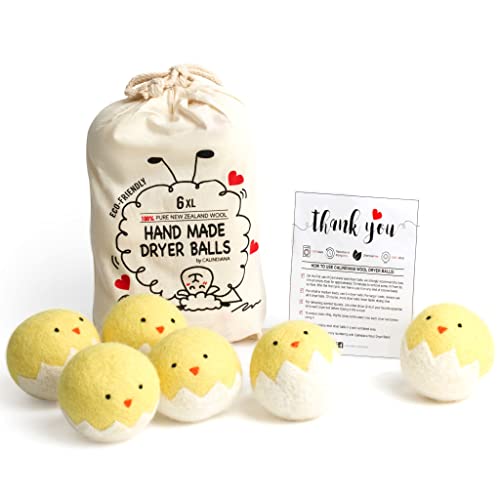 Dryer Balls | 100% Organic New Zealand Wool, Anti-Static, XL Size, 6 Pack, Yellow Chick