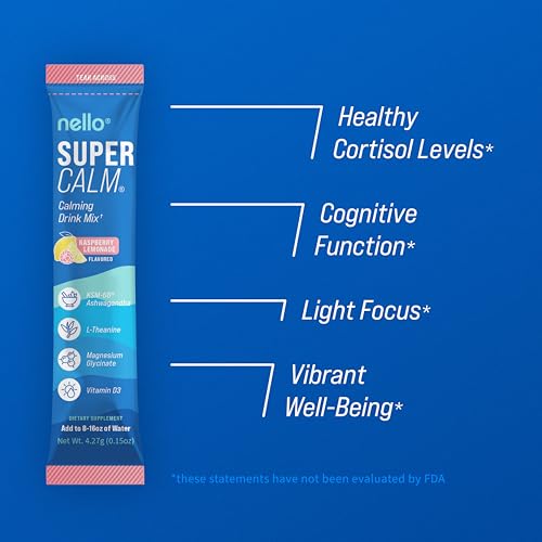 Nello Supercalm Powdered Drink Mix, Raspberry Lemonade, L Theanine, Ksm-66 Ashwagandha, Magnesium Glycinate, Vitamin D 3, Supplements for Relaxation & Focus, No Sugar, Non GMO, On The Go, 20 Ct