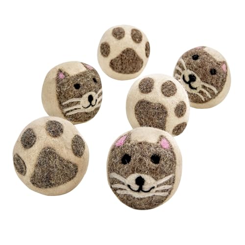 Dryer Balls | Set of 6, Wool Felt, Cat Faces & Paw Prints