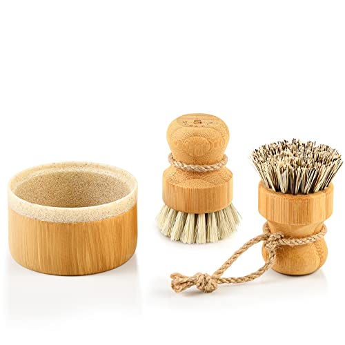 Dish Brush Set | Bamboo, 2 Pack, Soap Holder, Natural Bristles