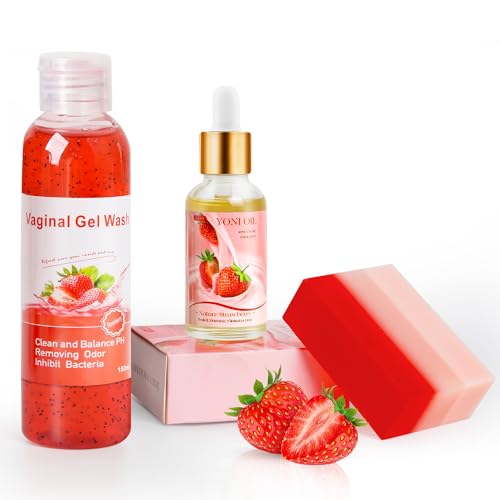 Feminine Care Set | Yoni Wash 5.07 fl oz, Yoni Oil 1 fl oz, Yoni Soap Bar 5.29 oz, Strawberry Scent