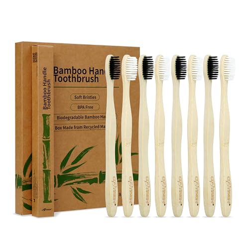 Toothbrush | Biodegradable, Eco-Friendly, 8 Pack, Soft Bristles, Black & White