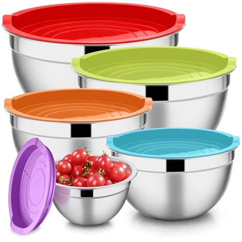 Mixing Bowls Set | Stainless Steel, 5 Sizes (0.7QT to 4.6QT), Airtight Lids