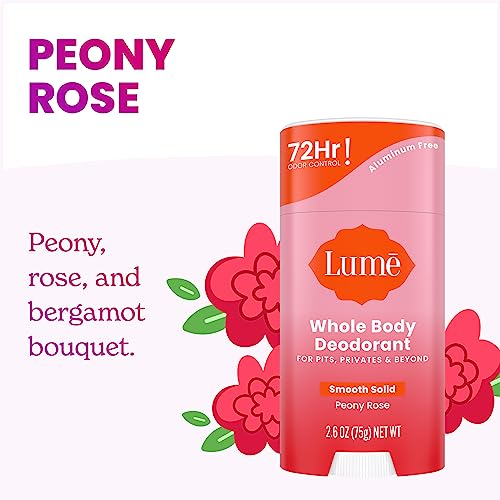 Lume Whole Body Deodorant - Smooth Solid Stick - 72 Hour Odor Control - Aluminum Free, Baking Soda Free and Skin Safe - 2.6 Ounce (Pack of 2) (Peony Rose)