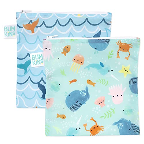 Reusable Snack Bags | Washable Fabric, Waterproof, Large 2-Pack, Blue Ocean Life