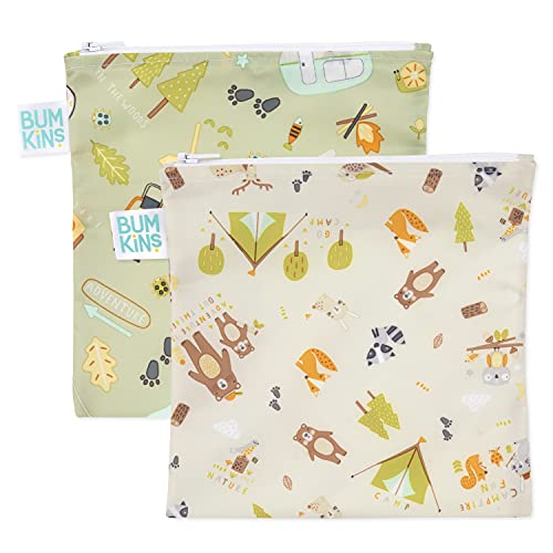 Reusable Snack Bags | Washable Fabric, Waterproof, Large 2-Pack, Green Camp Friends