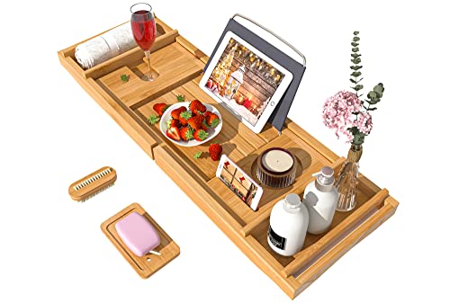 Bath Caddy Tray | Adjustable Bamboo Organizer, Includes Free Soap Dish