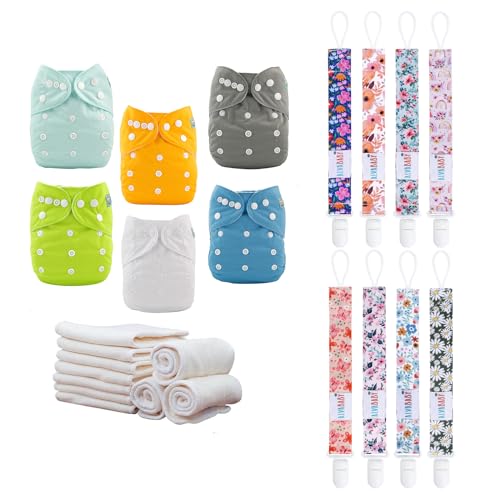 Baby Cloth Diapers | 6 Pack with 12 Inserts, Universal Pacifier Clips for Boys & Girls