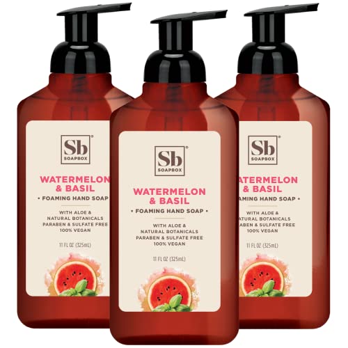 Soapbox Foaming Hand Soap ? Watermelon & Basil ? 11oz Pump Bottles ? 3 Ct Gently Scented, Moisturizing Foaming Hand Wash for Kitchen and Bathroom, Vegan, Cruelty & Paraben Free