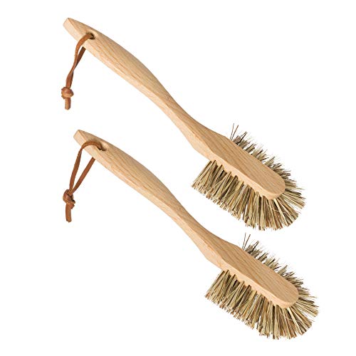 Dish Brush | Natural Plant Fiber Bristles, Ergonomic Oiled Beechwood Handle, Set of 2