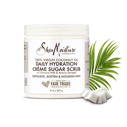 SheaMoisture Daily Hydration Crème Sugar Scrub Care for Dry Skin 100% Virgin Coconut Oil Acacia Senegal Exfoliating Scrub, Coffee, 8 Oz