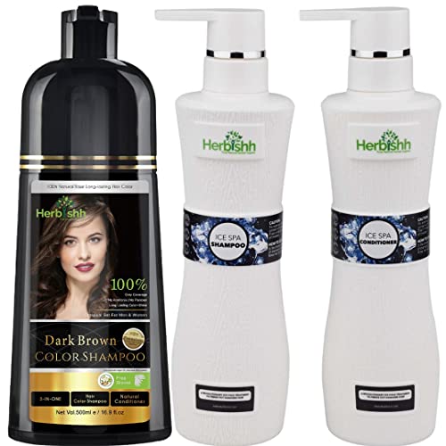 Hair Color Shampoo | 500ml, Dark Brown, Ice Spa Conditioner Set for Itchy Scalp