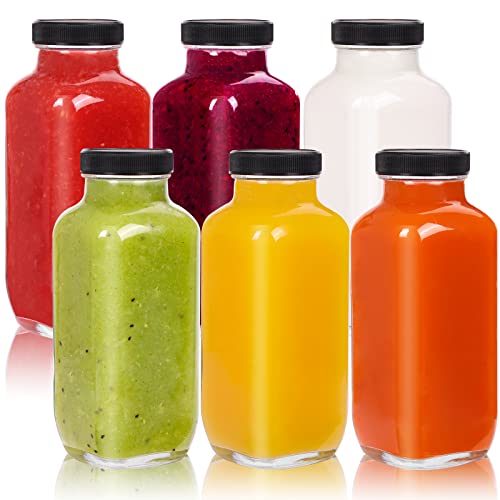 Glass Juice Bottles | 16 oz, Reusable, Square, 6 Pack with Tamper-proof Lids