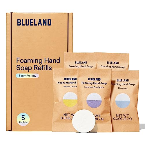 BLUELAND Foaming Hand Soap Tablet Refills - 5 Pack | Eco Friendly Products & Cleaning Supplies | Variety Pack Scents | Makes 5 x 9 Fl oz bottles (45 Fl oz total)