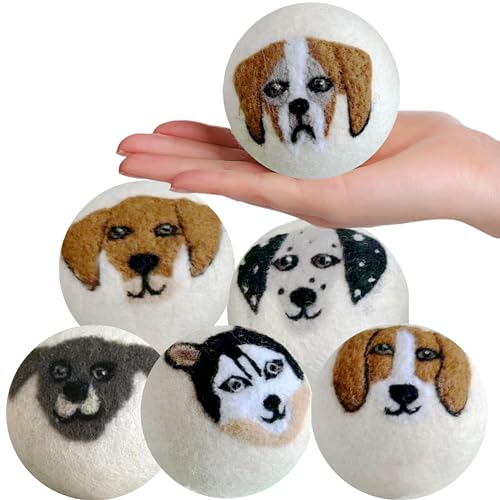 Wool Dryer Balls | Organic, Handcrafted Puppy Dog Face Design, 6 XL Balls, Reusable Natural Fabric Softener