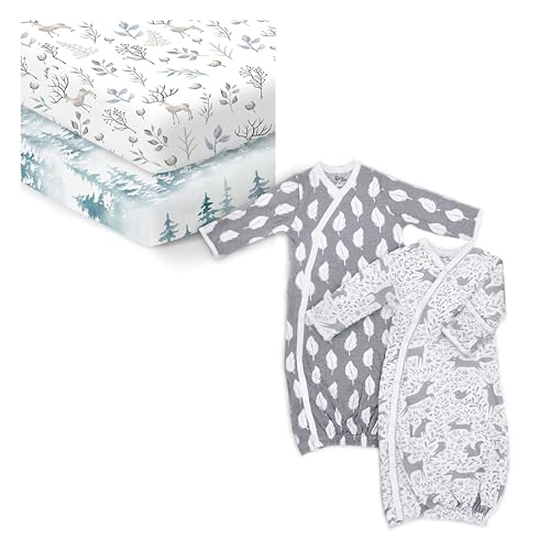 Baby Gift Set | 2 Organic Cotton Crib Sheets, 2 Kimono Gowns, Gender Neutral Patterns